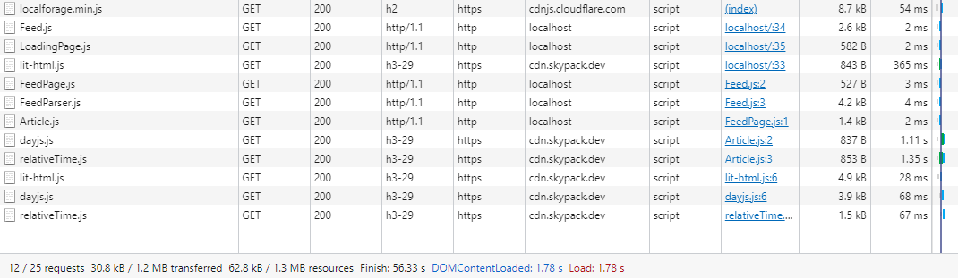 Showing JavaScript network logs of the MyFeed app